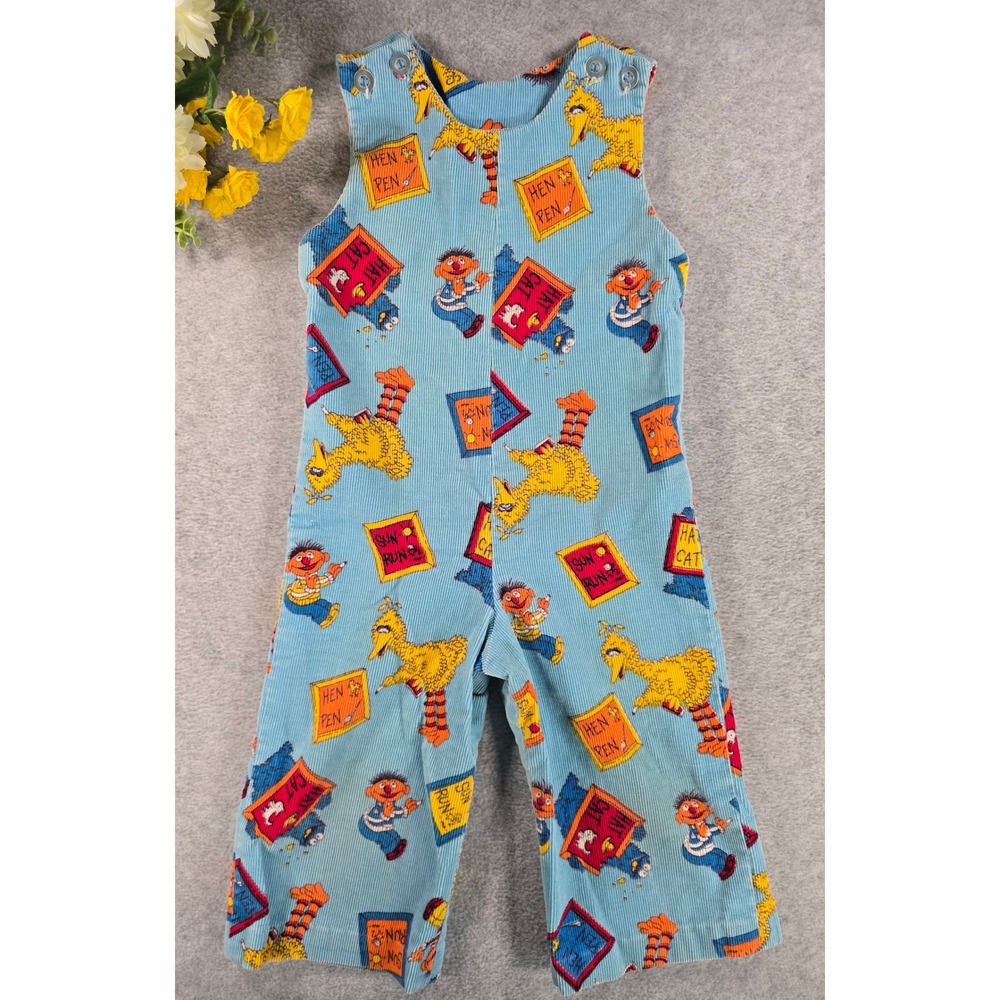 Vintage 80s Handmade Sesame Street Corduroy Romper Toddler Blue Bert Cookie 2T